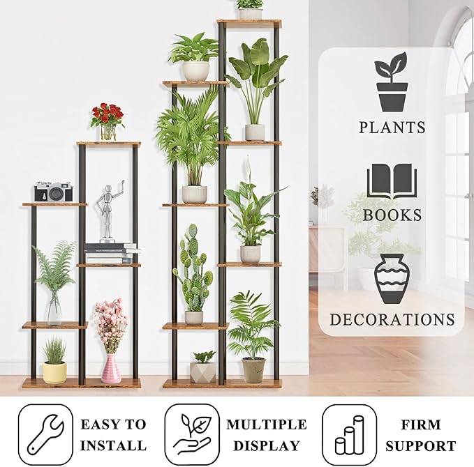 Plant Stand Indoor 7 Tier 8 Potted Metal Wood Plant Shelf, Multiple Flower Pots Corner Tall Plant Holder Stands for Living Room Balcony Bedroom, Rustic Brown