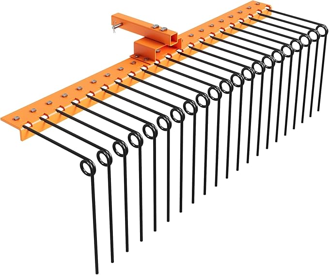 48 in Durable Pine Straw Rake Steel Spring Landscape Rake Fits 2 in Receiver for Lawn Tractors or ATV/UTV, Orange