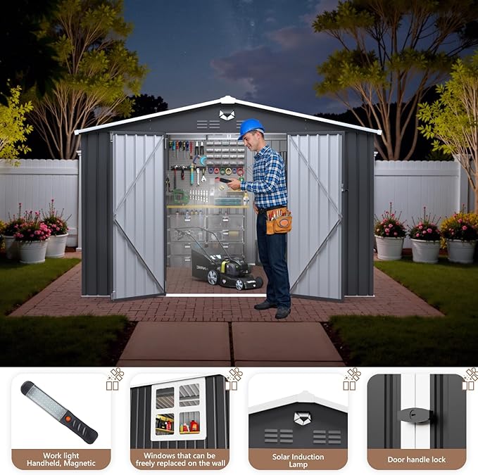 10x8 FT Outdoor Storage Shed, Metal Sheds & Outdoor Storage, Waterproof Sheds with Lockable Doors for Backyard