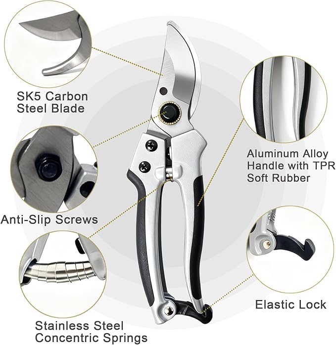 2 Pack Garden Pruning Shears, Heavy Duty Garden Scissors & Clippers for Wood & Tree Trimming, Safety Lock, for Cutting Flowers, Trimming Plants, Picking Fruits (Black and white)