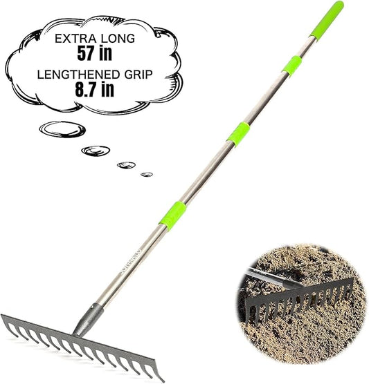 Joyhalo Rake for Leaves, 14 Tines Rakes for Gardening, Adjustable Length from 30.5 to 57 Inch Bow Rake, Metal Rakes for Gardening, Leveling, Loosening Soil