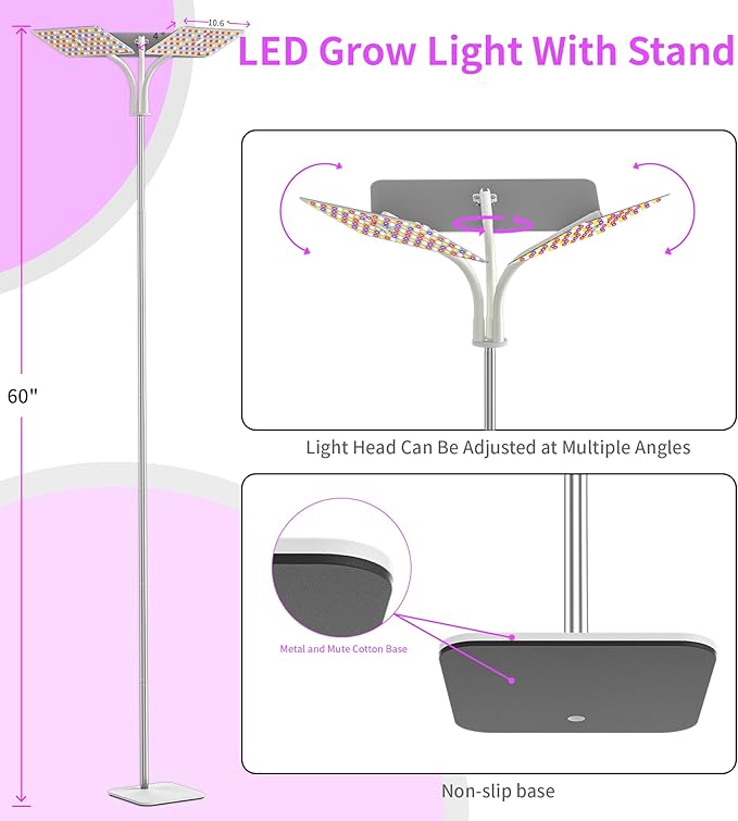 KINGPLUS Grow Lights with Stand, Three Heads, Full Spectrum LED Grow Light for Indoor Plants, 360 Leds, 4 Dimmable Levels, Timer 4/8/12h, 12-60inches Height Adjustable, 48w, Ideal for Desk Small Plant