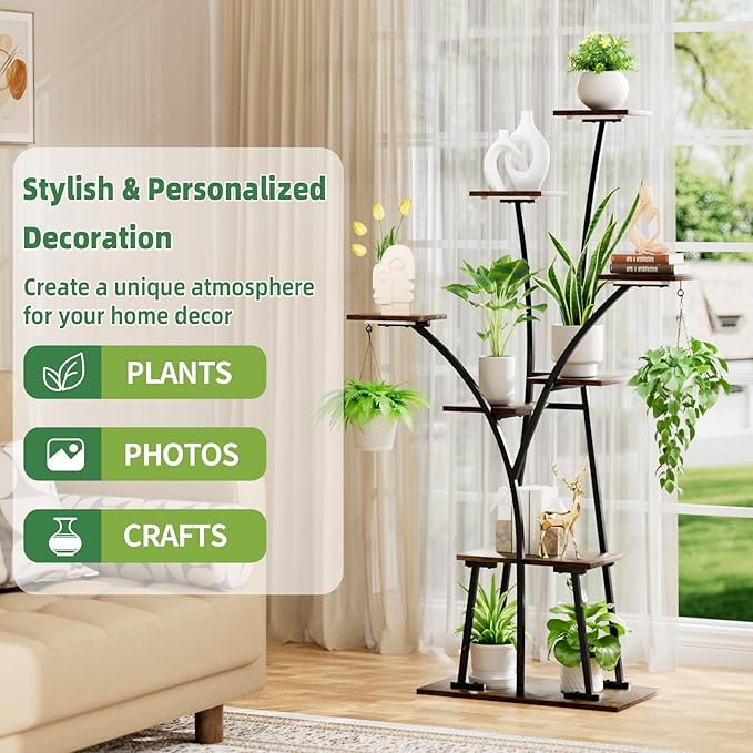 Plant Stand Indoor with Grow Lights, 8-Tiered Large Plant Shelf for Indoor Plants, 63" Tall Plant Tree-Shape Display Rack for Patio, Balcony, Home Decor