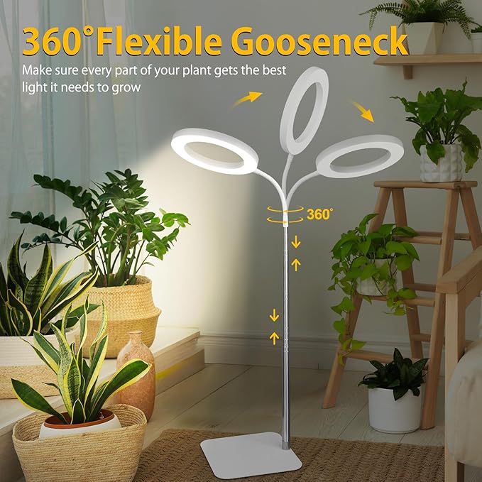 Grow Lights for Indoor Plants - Full Spectrum LED Halo Growing Lamp with Base & Groud Stake, Height Adjustable (16-67"), 3CCT, 10 Dimming, 3H/9H/12H Auto Timer - White (NO Adapter)