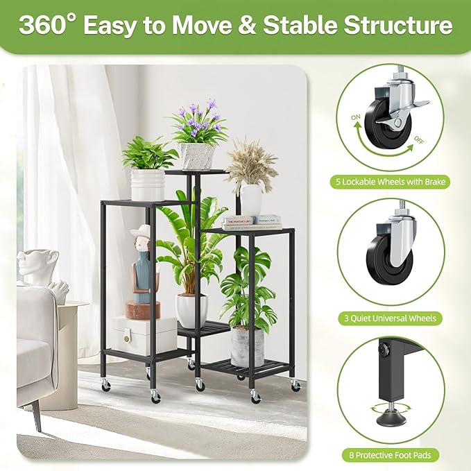 iDavosic.ly 6 Tier Plant Stand Indoor with Wheels, Metal Tiered Corner Flower Holder Shelf Outdoor for Large Pots, Tall Rolling Rack for Patio Porch Garden Balcony Living Room, Modern Black