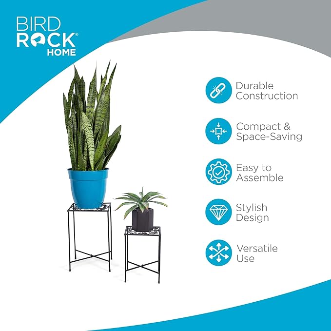 BIRDROCK HOME Metal Plant Stands - Durable Iron with Decorative Scroll Design - Compact Folding Stand for Small Plants, Succulents, and Flowers - Perfect for Indoor and Outdoor Use - Black, Set of 2