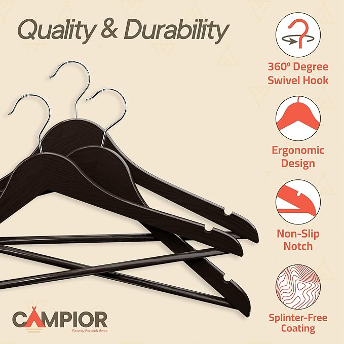 Brown Wooden Hangers 80 Pack – Heavy-Duty with 360° Swivel Hook, Non-Slip, Pants Bar & Shoulder Grooves - Wooden Hangers for Suits, Jackets, Dresses & Camisoles, Space-Saving and Smooth Finish
