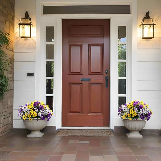 Artificial Fake Pansy Flowers for Outdoor, Faux Silk Pansies Spring Flowers for Outside for Planter Front Door Porch Yard Patio Window Box Home Decor (18, Purple, Yellow, White)