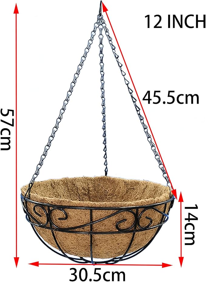 Outdoor Metal Hanging Planters Basket (2pack, 12 inch) Hanging Baskets for Plants Chain Round Wire Plant Holder with Coco Fiber Liners for Garden, Patio, Deck, Porch(Flower Border)