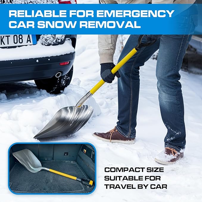 Plexon Aluminium Steel Snow Shovel for Driveway 12" Blade - Heavy Duty Snow Shovel for Car - Metal Scoop Shovel - Fiberglass Handle & Plastic D-Grip - Outdoor Garden Yard, 48" Length