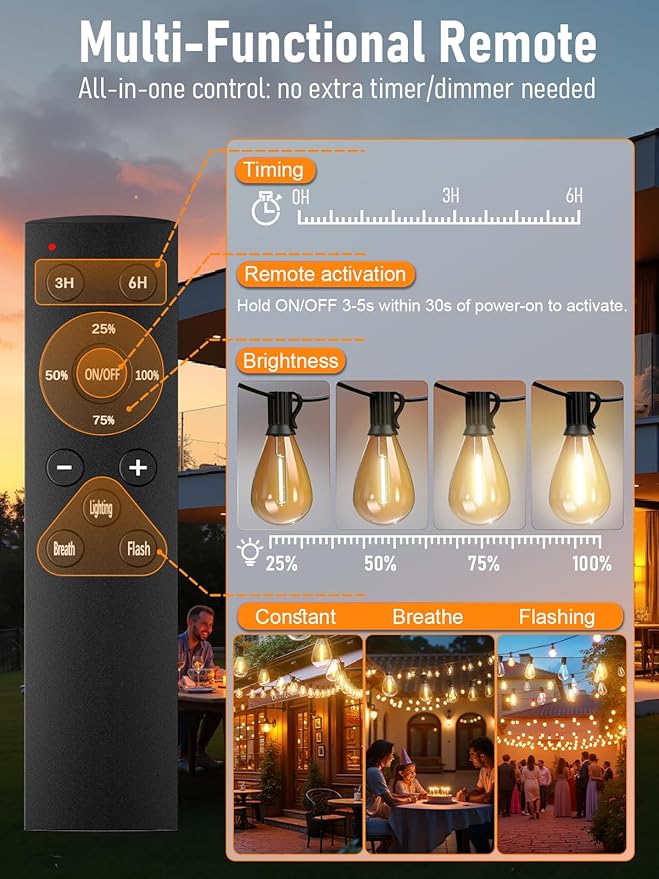 luckystyle 50FT LED Outdoor String Lights with Remote,16+1 Shatterproof Bulbs Waterproof and Dimmable Patio Lights for Porch, Garden, Backyard, Deck, Balcony, 2200K, Hanging Lighting