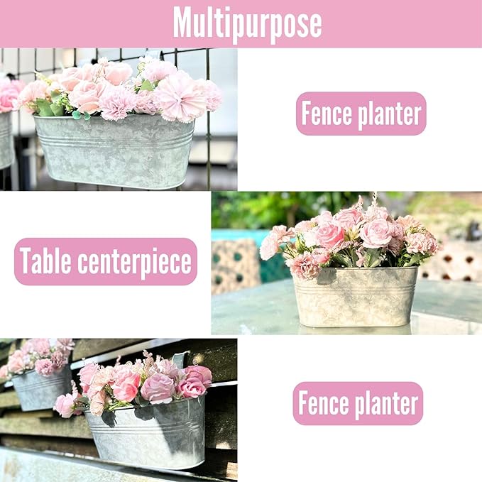 LaLaGreen Outdoor Rail Planter (11.2 Inch, 4 Pack) Silver Metal Iron Hanging Flower Pots Deck Railings Fence Buckets Modern Countryside Boho Style Wall Mount Window Box Plant Holder Hooks Porch Decor