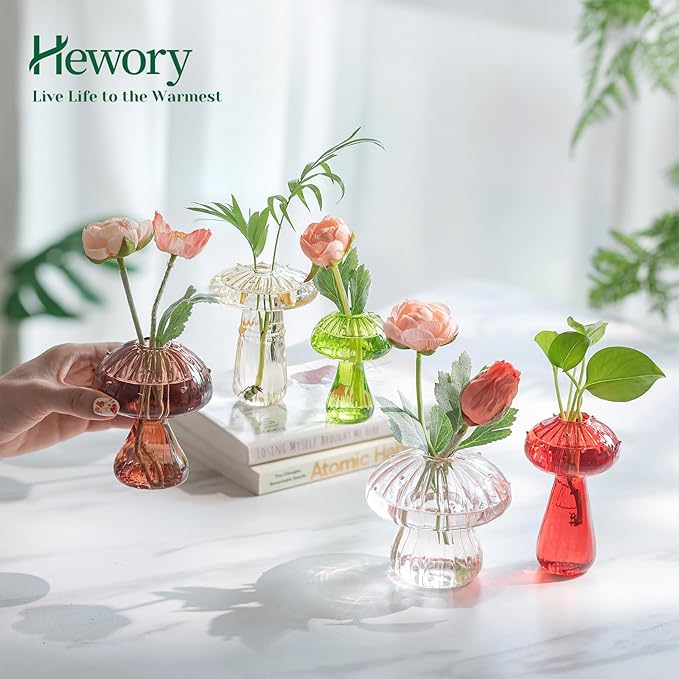 Mushroom Jars for Plants, Hewory 5pcs Colored Glass Mushroom Bud Vase for Flowers, Unique Plant Propagation Stations Propagating Vases Decor, Mini Cute Hydroponic Terrarium Planter for Indoor Planters