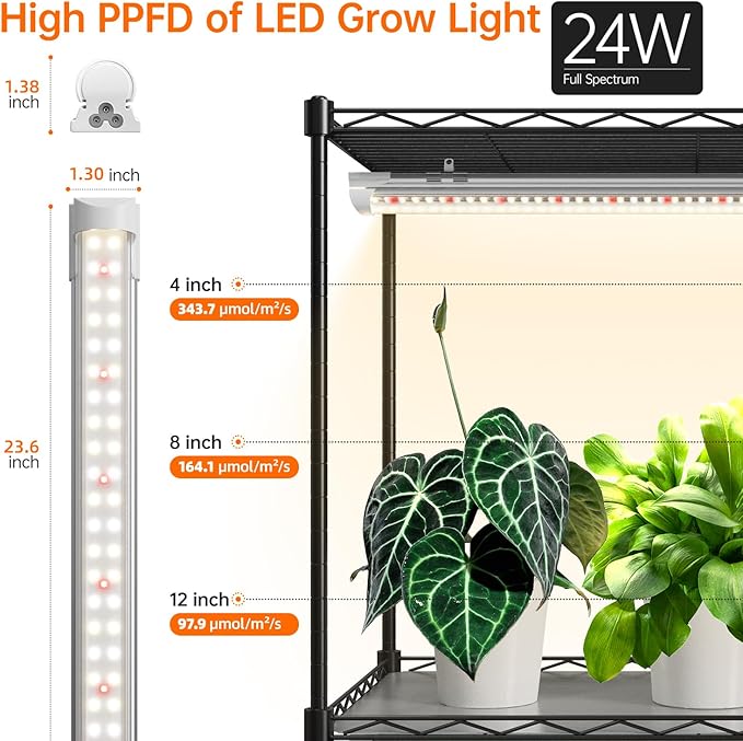 Bstrip Plant Shelf with Grow Light with Timer, Plant Stand with Adjustable Rack and Wheels, 3 Pack 72W T8 2FT Full Spectrum Grow Lights for Indoor Plants, Seed Starting, Seed Tray, 23.5"x13.8"x59"