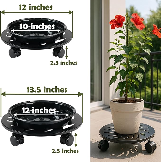 3-Pack 12 Inches Square Metal Plant Caddy with Wheels Heavy Duty Large Rolling Plant Stand Indoor Outdoor Wheeled Planter Dolly Cart with Plant Saucers Flower Pot Mover Roller Trolley, Black