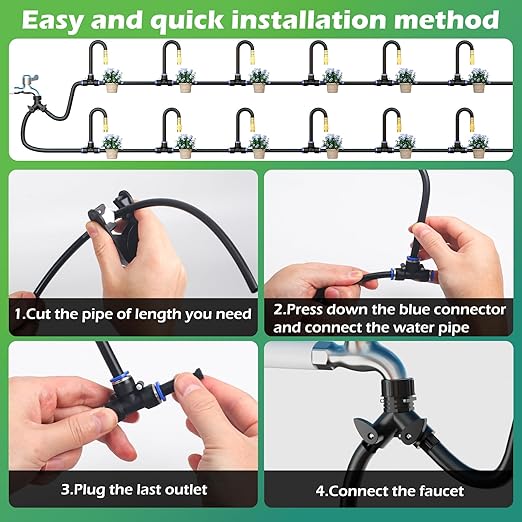 Drip Irrigation System 100 FT with 32 Nozzles, 360° Adjustable Bendable Garden Watering Misting System for Greenhouse, Yard, Lawn, Plant, Garden, 1/4 inch Hose