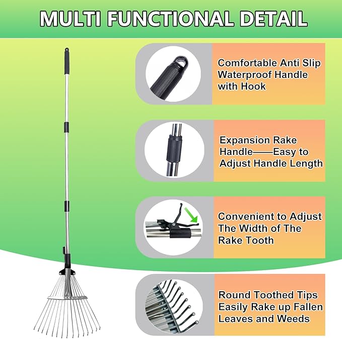 Rake for Leaves, Adjustable Small Leaf Rakes for Lawns, 53 Gallon Reusable Yard Waste Bags with Reinforced Carry Handles, Metal Leaf Rake for Yard, Gardening Outdoor Camping Grass Weed