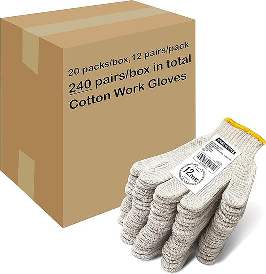 Evridwear Cotton Polyester String Knit Shell Safety Protection Work Gloves for Painter Mechanic Industrial Warehouse Gardening Construction Men One Case (12 PairsX20) With no dots, L Size