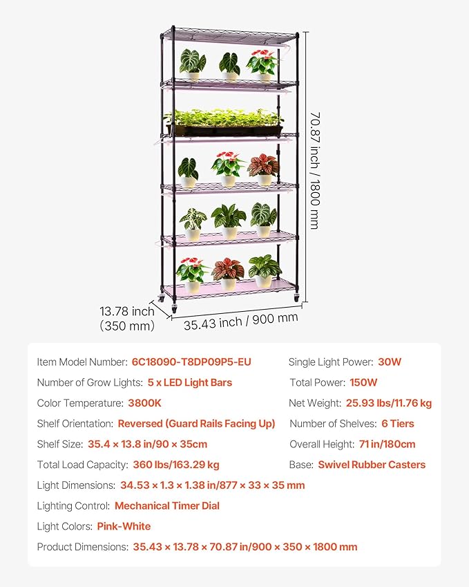 VEVOR Plant Shelf with Grow Light, 6-Tier Indoor Plant Stand, 71in Tall Indoor Plants Display Rack with Wheels & Timer, 150W 3800K Full Spectrum Grow Lights, Metal Flower Pot Holder for Seed Starting
