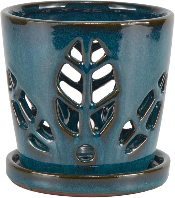 W&W Orchid Pot with Holes and Saucer for Repotting, 5.5 Inches, Teal