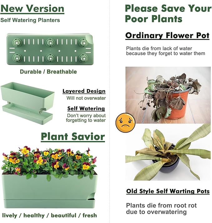 2 Pack Self Watering Pots for Indoor Plants 17 Inches Window Boxes Planters Rectangular Flower Pots Rectangle Herb Pots Large Plant Pots with Drainage Holes and Saucers Windowsill Planter, Green