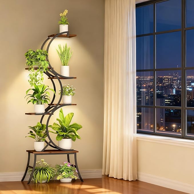 Plant Stand Indoor with Grow Lights 63 Tall Plant Shelf, Lighted Corner Plant Stands for Indoor Growing 6 Tiered Large Flower Holder C-Shaped Decorative Rack for Living Room Black (6 platforms)