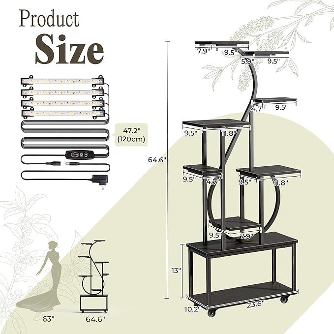 PRAISUN 65 Inch Plant Stand with Grow Light, 9 Tiered Indoor Plant Shelf with Larger Flower Holder, Music Note-shaped Stand with Top Ring Hook , Corner Plant Rack for Living Room, Black