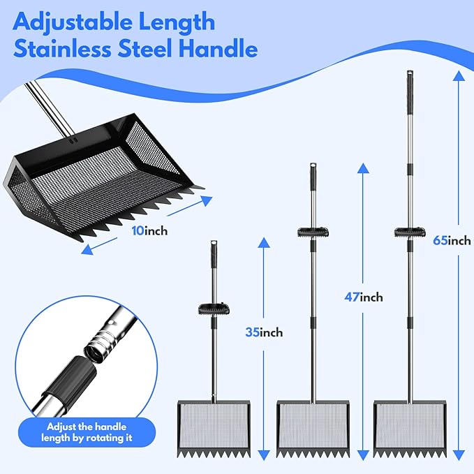 Chicken Poop Scooper & Rake 2-in-1,304 Stainless Steel Shovel Head, Chicken Litter Scoop with Handle for Chicken Coop & Pet Waste Cleaning, Litter Sifting Shovel (35 to 65") (Black, 10inch)