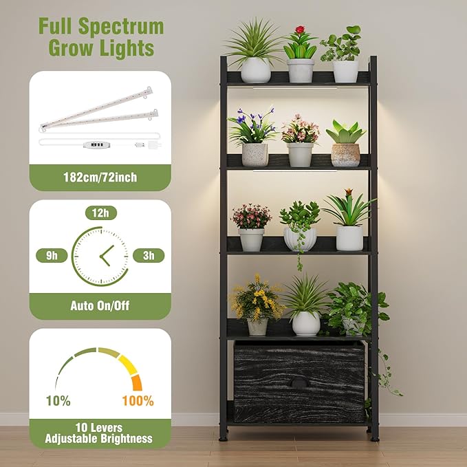 Large Plant Stand Indoor with Grow Lights & Storage Drawer, 63" Extra Wide Wood & Heavy Duty Metal 5 Tiered Plant Shelf, Sturdy Safety for Multiple Plants in Living Room Bedroom Patio Balcony