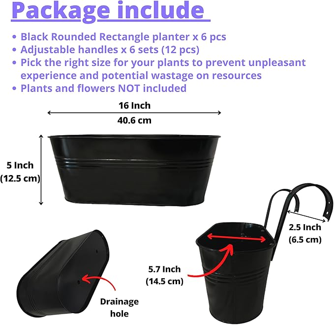 LaLaGreen Outdoor Plants Rail Planter (16 Inch, 6 Pack) Black Metal Iron Hanging Flower Pots Deck Railings Fence Buckets Modern Boho Style Wall Mount Window Boxes Plant Holder Hooks Porch Home Decor