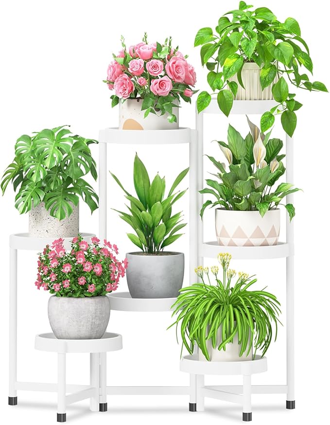 iDavosic.ly 7 Tier Folding Plant Stand Indoor Outdoor with Plastic Tray, Tiered Corner Flower Holder Shelf, Metal Orchid Display Rack for Patio Porch Living Room Garden Balcony, White