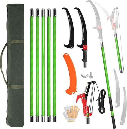 Outvita Manual Pole Saw, 24 Feet Extendable Tree Pruner with Knives and Storage Pocket, Sharp Steel Blade and Scissors High Branches Trimming for Pruning Palms and Shrubs(Green)