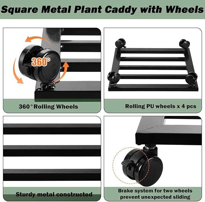 3 Packs 12 inches Large Metal Plant Caddy with PU Wheels Square Planter Dolly Pot Mover Rollers Iron Rolling Plant Stands Indoor Outdoor Plant Holder Coaster Trolley, Black
