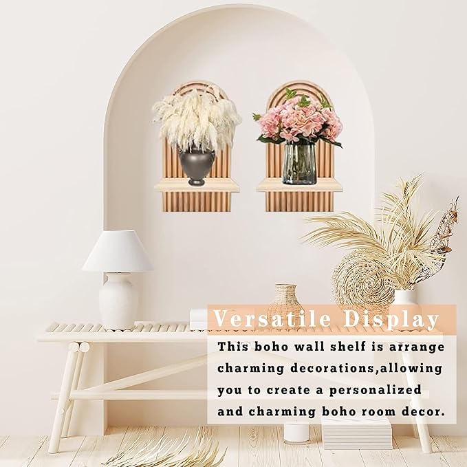 Boho Wall Shelf Set of 2-15 x 8.6 Inch Arched Wooden Hanging Shelves for Living Room & Bedroom - Mid-Century Modern Bohemian Wall Decor (Natural Wood Finish)