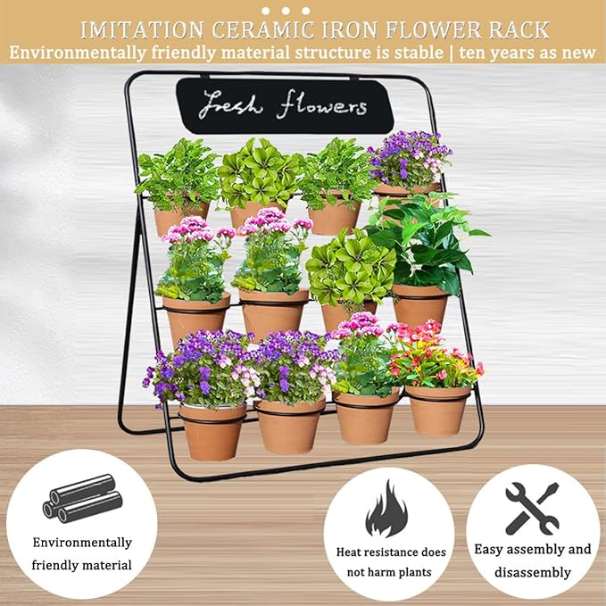 Flower Display Stand with Blackboard & 12 pcs Buckets , 3 Layers Metal Flower Cart, Plant Holder Rack for Indoor, Outdoor Patio Garden, Living Room, Florist, Ideal for Flower Shops
