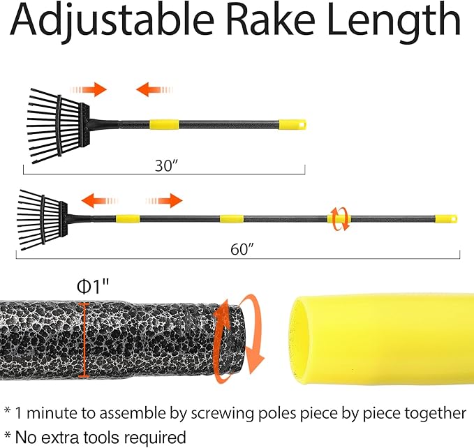 Rake for Leaves, 11 Tines 9" Wide Metal Leaf Rake with 32 Gallon Lawn and Leaf Bags & Scoops for Garden Adult Kids Lawn Shrub Yard Landscape Heavy Duty Long Handle 30-60