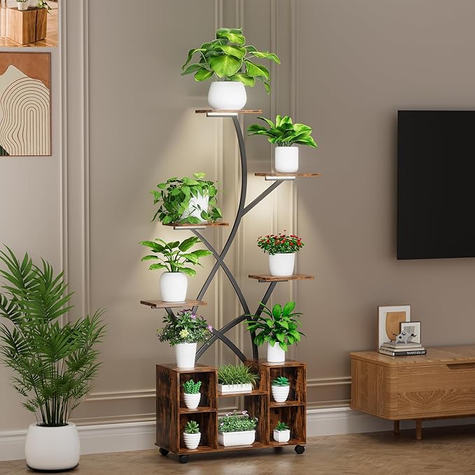 Artswish 63” Plant Stand Indoor with Grow Lights & Wheels, Metal Plant Shelves, 8-Tier Lighted Plant Stands for Multiple Plants, Corner Plant Holder, Metal Flower Rack for Home, Patio, Rustic Brown