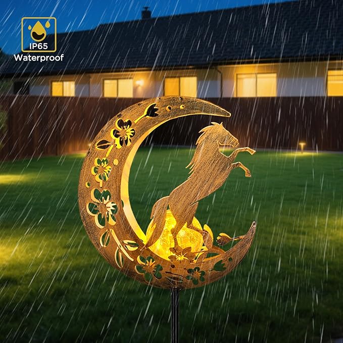Solar Lights Outdoor Waterproof - Moon & Horse Landscape Lighting, Weatherproof SolarGarden Stakes with 8-10H Auto On/Off, Decorative Pathway Markers for Driveway/Walkway/Equestrian Farms