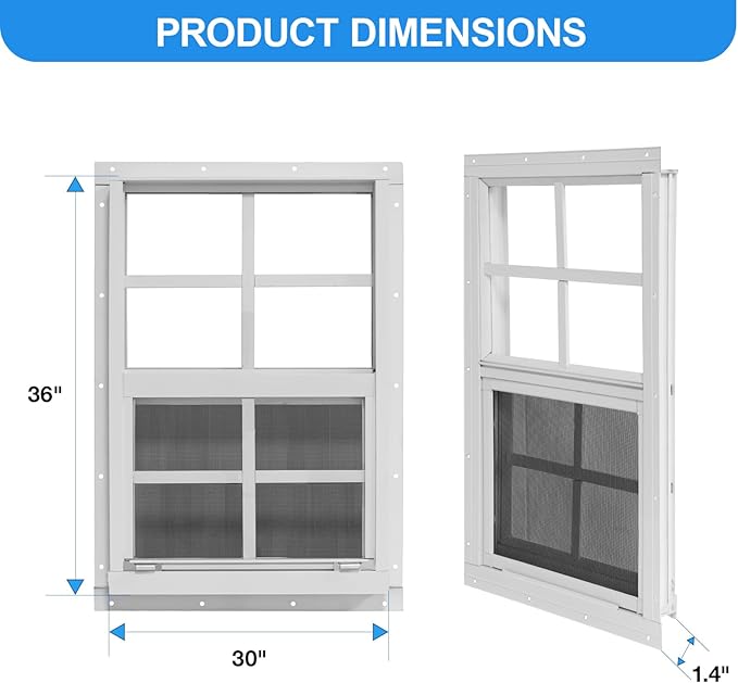NeatiEase Upgraded Shed Windows 2 Pack, 30" x 36" Windows with Tempered Glass and Stainless Steel Screen for Shed, Chicken Coop, Playhouse, Household, Garage(White)