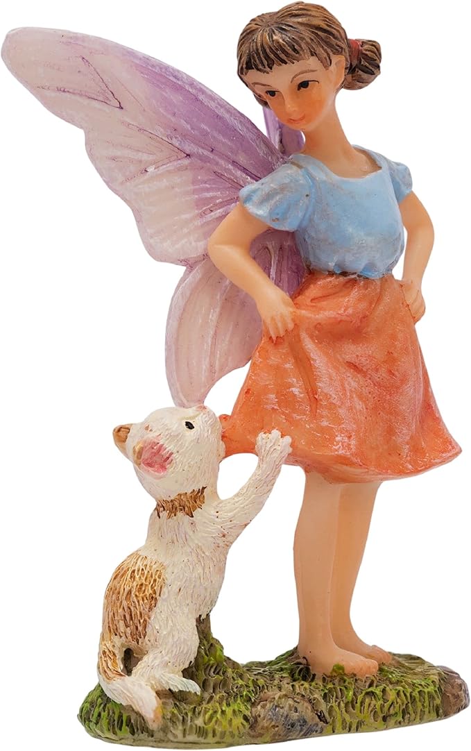 PRETMANNS Fairy Garden Fairies – Cute Accessories for Indoor Outdoor Miniature Garden - Figurine Ava with Cat - Hand-Painted Resin Piece