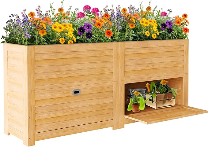 SUNYRISY 2Pack Wooden Raised Garden Bed with Storage Box, 34" L x 18" W x 30" H Elevated Large Garden Planter Box for Planting Herb Vegetable Flower Outdoor Indoor, Wood