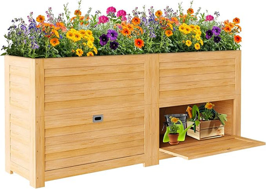 SUNYRISY 2Pack Wooden Raised Garden Bed with Storage Box, 34" L x 18" W x 30" H Elevated Large Garden Planter Box for Planting Herb Vegetable Flower Outdoor Indoor, Wood