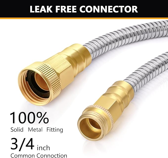 Metal Garden Hose 75ft, Stainless Steel Water Hose 75ft with 10 Function Sprayer Nozzle, Leaf-Proof Kink Free Heavy Duty Lightweight for Outdoor,Yard,Lawn,Patio, Car