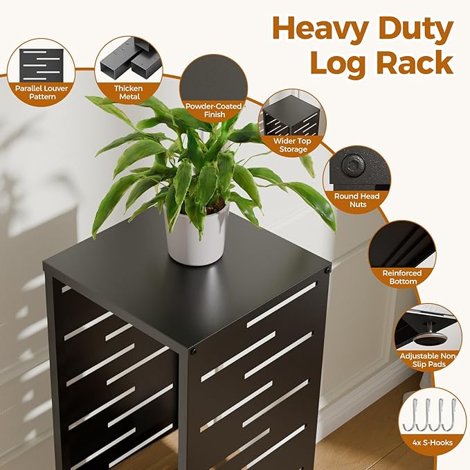 4ft Firewood Rack Outdoor, Fire Wood Rack Log Holder with Louver Pattern Hooks Adjustable Feet, Firewood Storage for Indoor Fireplace Patio Balcony Black