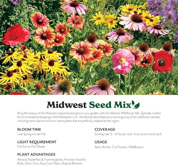 Grow Your Own Vibrant Annual and Perennial Wildflower Garden Seeds Mixture, Varieties for Pollinators and Spring Gardens - Midwest Regional Mix, 1 lb