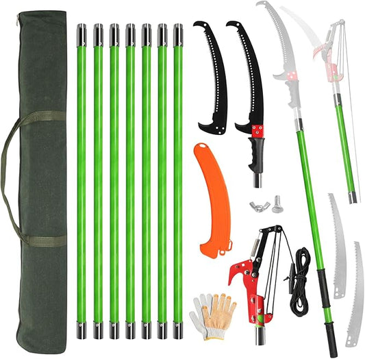 Outvita Manual Pole Saw, 30 Feet Extendable Tree Pruner with Knives and Storage Pocket, Sharp Steel Blade and Scissors High Branches Trimming for Pruning Palms and Shrubs(Green)