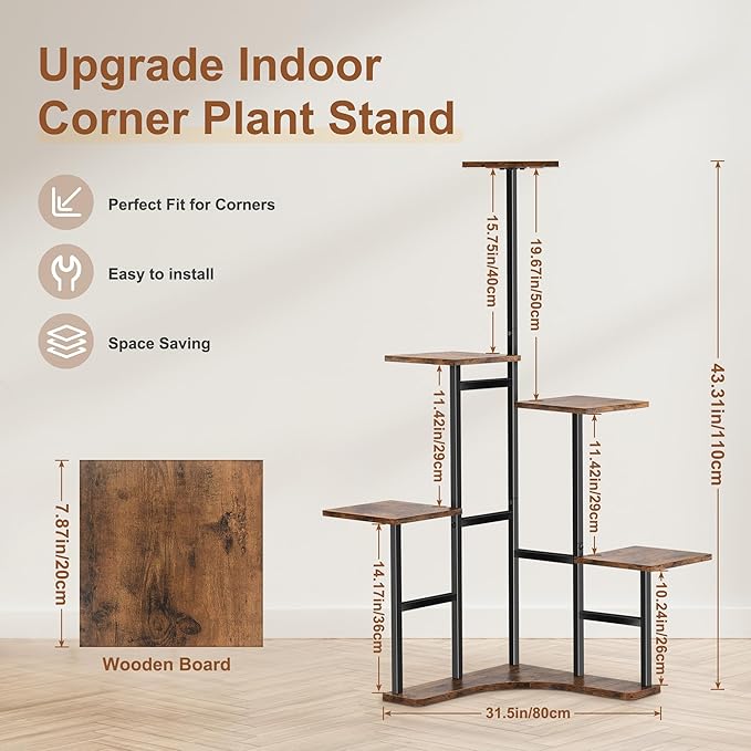 Corner Plant Stand Indoor, 6 Tier Corner Plant Shelf Flower Stand for Multiple Plants, Plant Shelves Organizer Rack for Living Room, Balcony, Patio, Garden (Square)