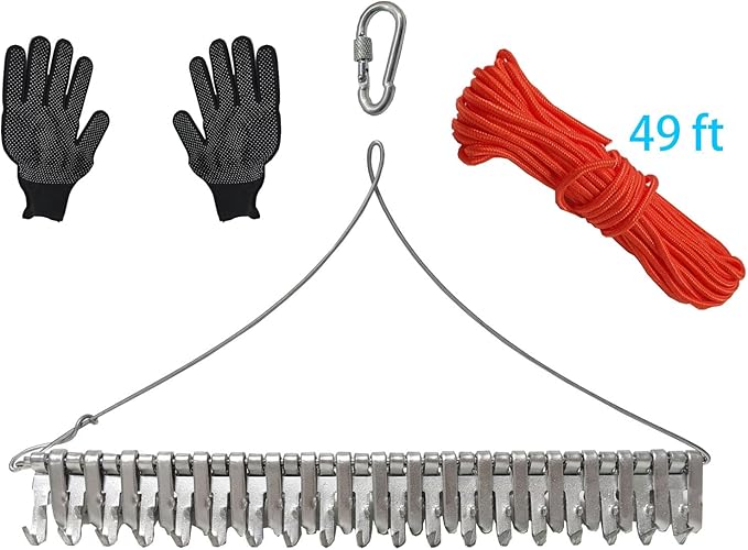 16" Pond Rake,Weed Removal Tool, 50ft Thicker Rope，Double Sided Weed Cleaning Tool Rake，or Pond, Lake, Rivulet