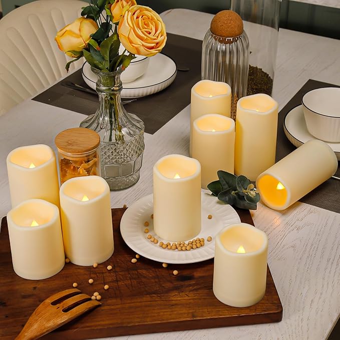 Enido 9pcs Flameless Flicking LED Candles with Remote, Battery Operated Outdoor Waterproof Candles, Electric Candle for Dining Tables and Fireplaces