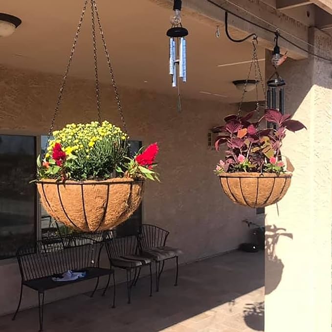 12 inch Metal Hanging Baskets For Plants Outdoor 4 Pack Round Metal Wire Hanging Basket Planter with Coco Fiber Liners Chain Round Wire Plant Holder for Garden, Patio, Deck, Porch Plants Flower Potss